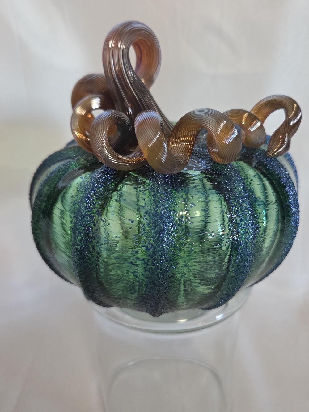 Luke Adams Studio Handblown Green Glass Pumpkin with Amber Curled Stem
